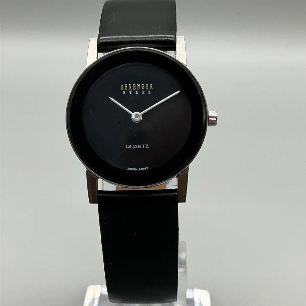 Berenger Steel Womens Watch 27mm Black Dial Black Leather Band New Battery